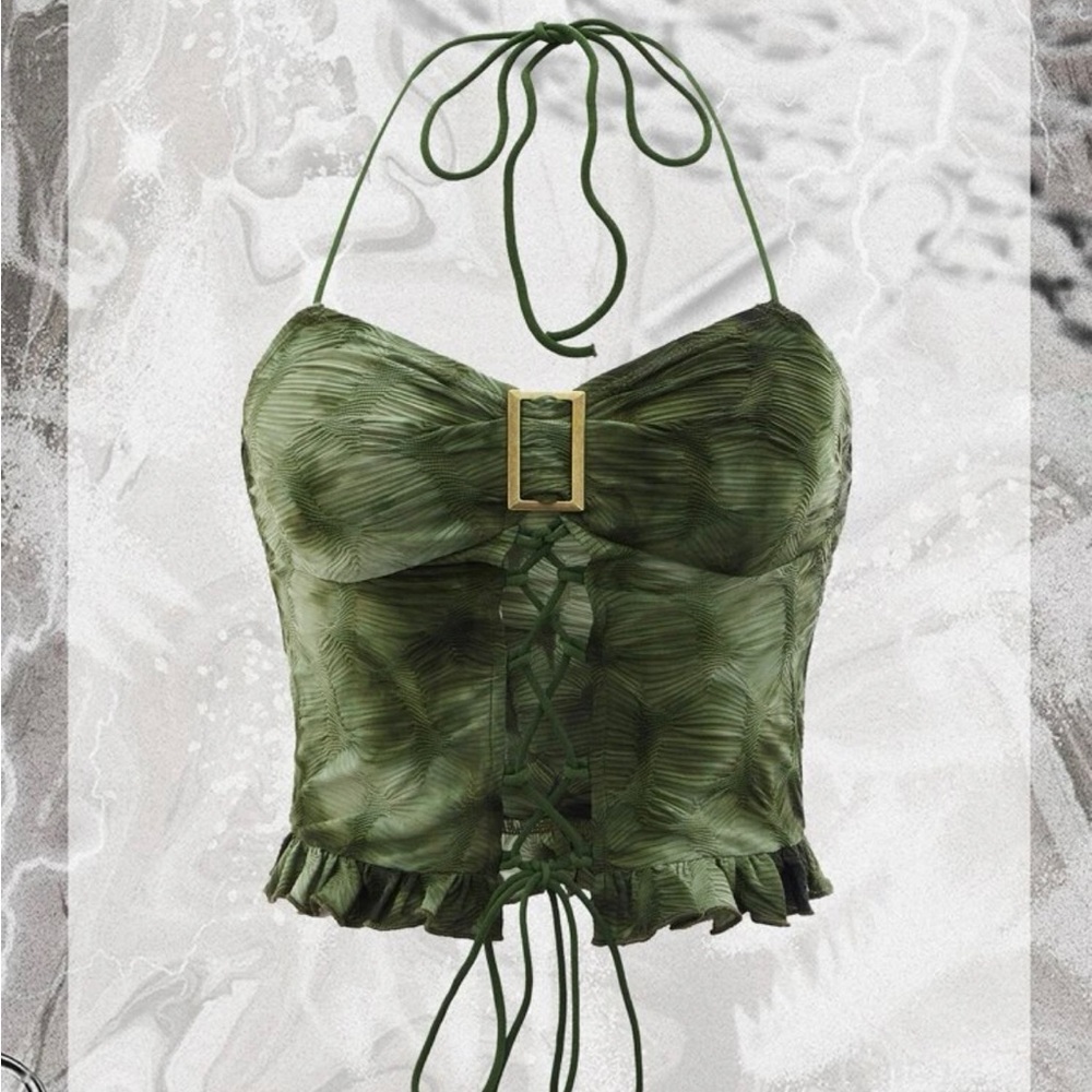 Lace Up Front Ruffle Trim Halter Crop Top
